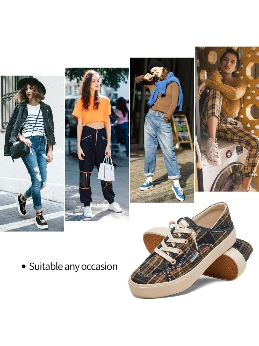 Women's Plaid Navy Blue Round Toe Solid Non Slip Slip on Loafer Sneaker Shoes